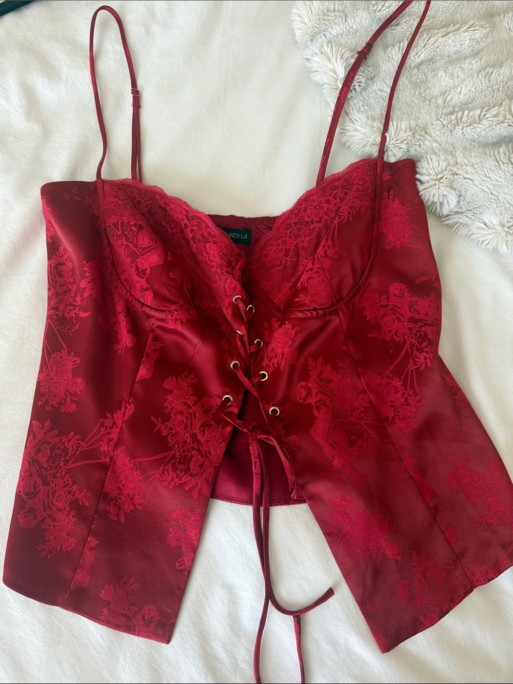 Cotton Candy Red Lace-Up Satin Camisole